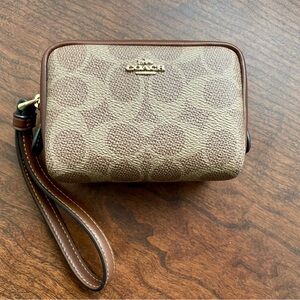 Coach Brown Signature Canvas Wristlet Pouch with Leather Strap